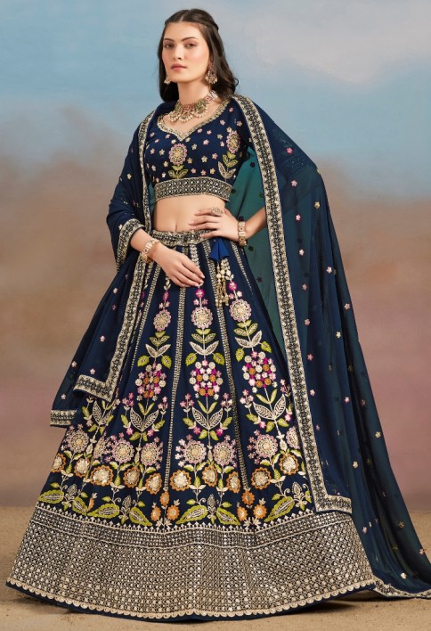 Stunning blue Thread Work Georgette Engagement Wear Lehenga With Blouse